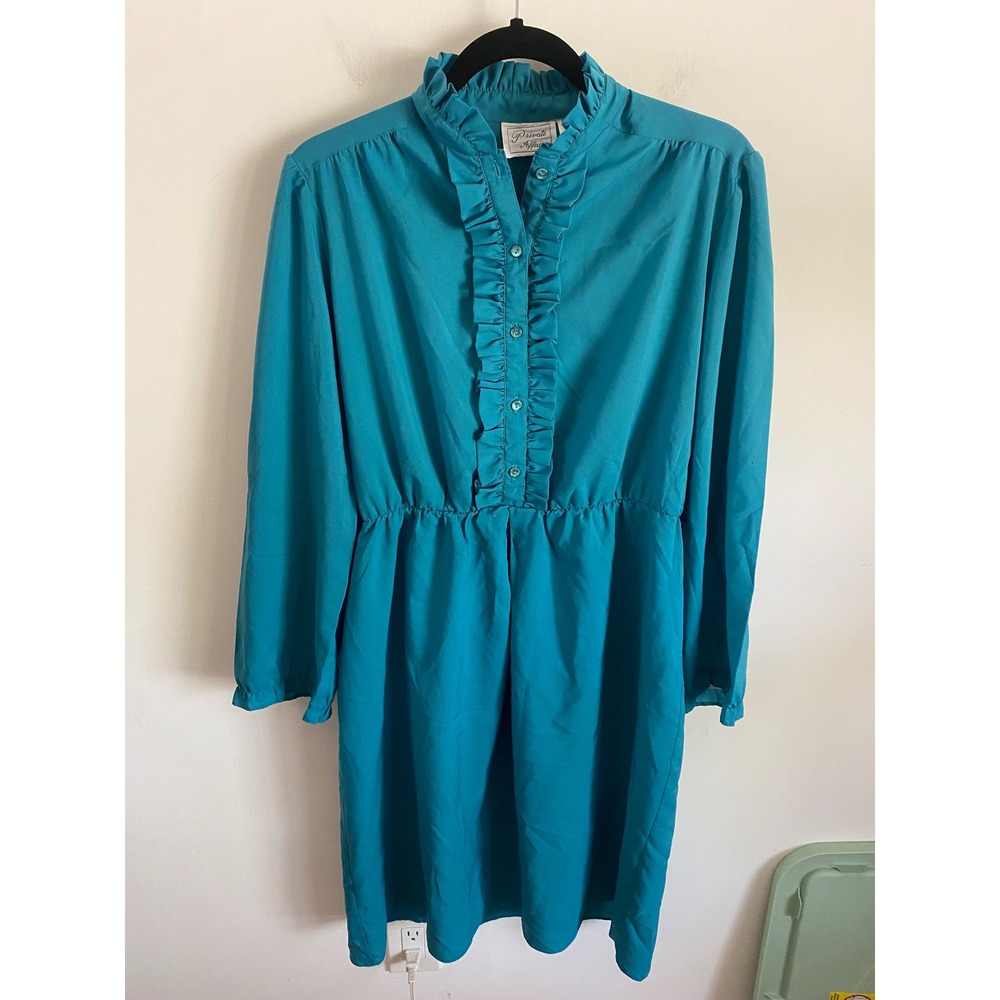 Private Affaire Vintage Teal Ruffle High Neck Button Front Elastic Waist Dress